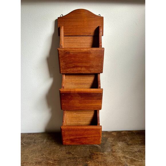 Goodwood Teak Wood Letter Rack with Key Hooks | Hanging Wood Mail Organizer - Picture 1 of 7